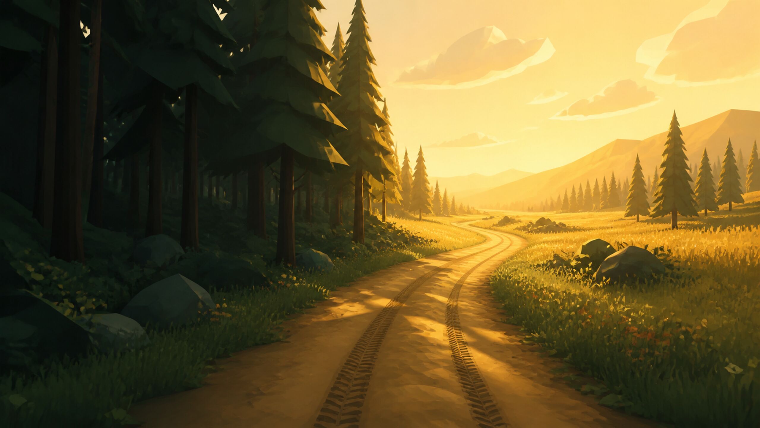 A dirt road crosses a forest edge: dark conifers on the left, a meadow lit gold by the low sun on the right, mountains in the distance.