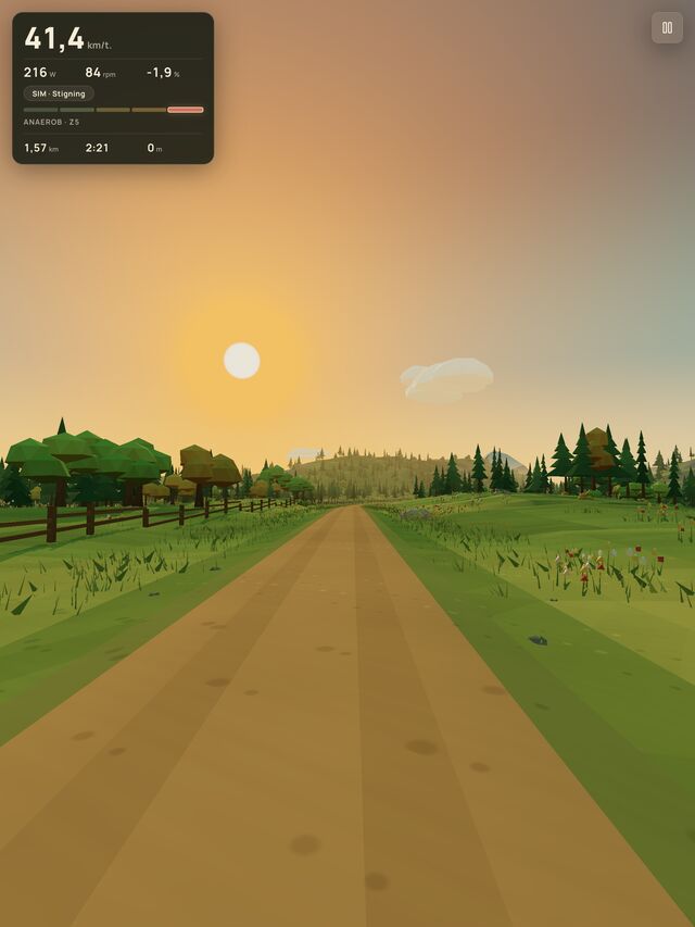 Spillet i stående format på iPad med vejen ind over en eng under klar himmel.