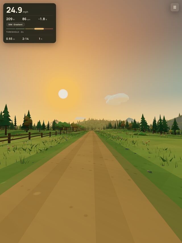 The game in portrait on iPad: the road runs into the meadow under a clear sky.