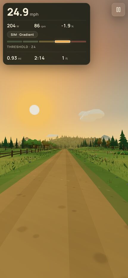 The game in portrait on iPhone: the road fills the lower screen, a wooded horizon in the distance.