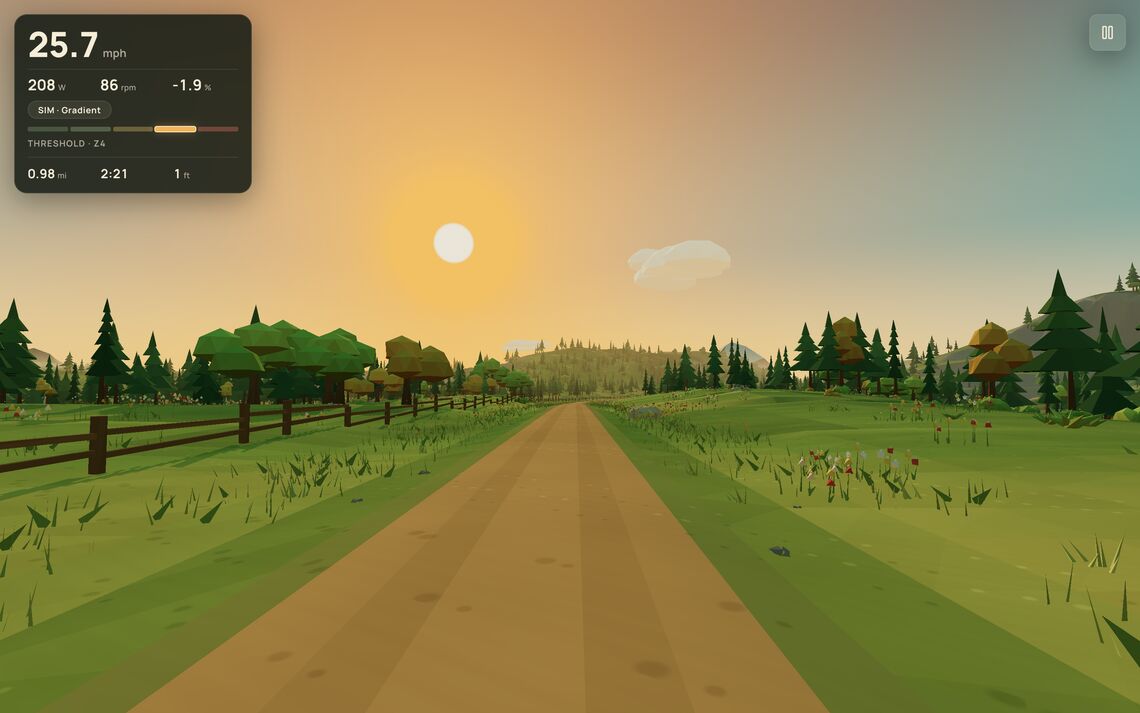 Riding view: the road crosses a meadow at sunset with a lake to the right; the panel at top left shows speed, power, cadence and gradient.