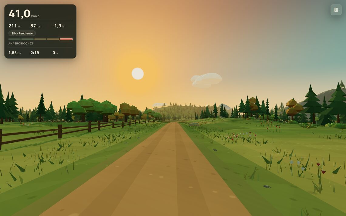 Vista de ciclismo por un prado al atardecer; el panel superior izquierdo muestra velocidad, potencia, cadencia y pendiente.
