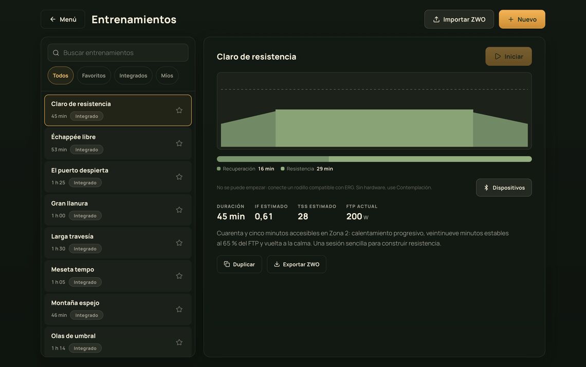 Pantalla de entrenamientos con una lista y perfiles de potencia a la izquierda y los detalles de la sesión elegida a la derecha.