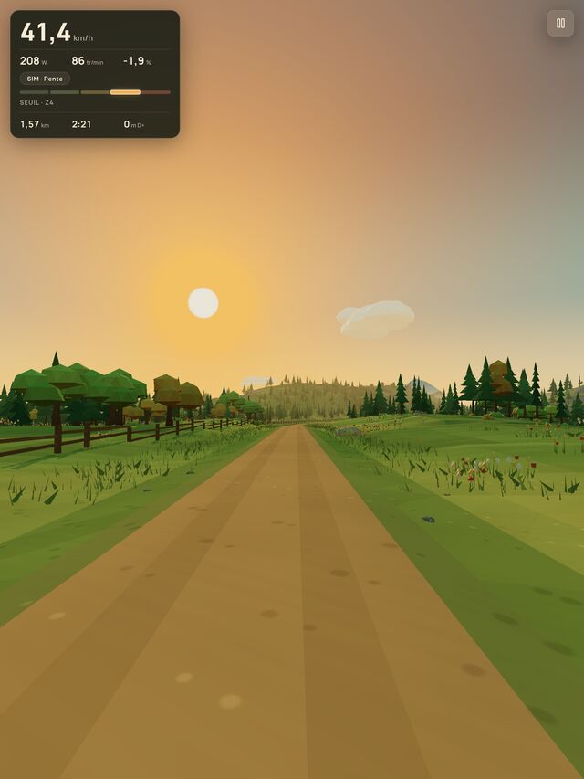 Le jeu en portrait sur iPad : la route s’enfonce dans la prairie, ciel dégagé.