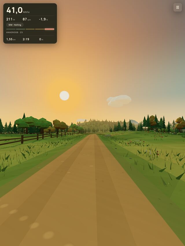 Het spel staand op iPad met de weg de weide in onder een heldere lucht.