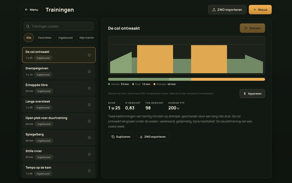 Scherm Trainingen met links een lijst en vermogensprofielen en rechts details van de gekozen training.