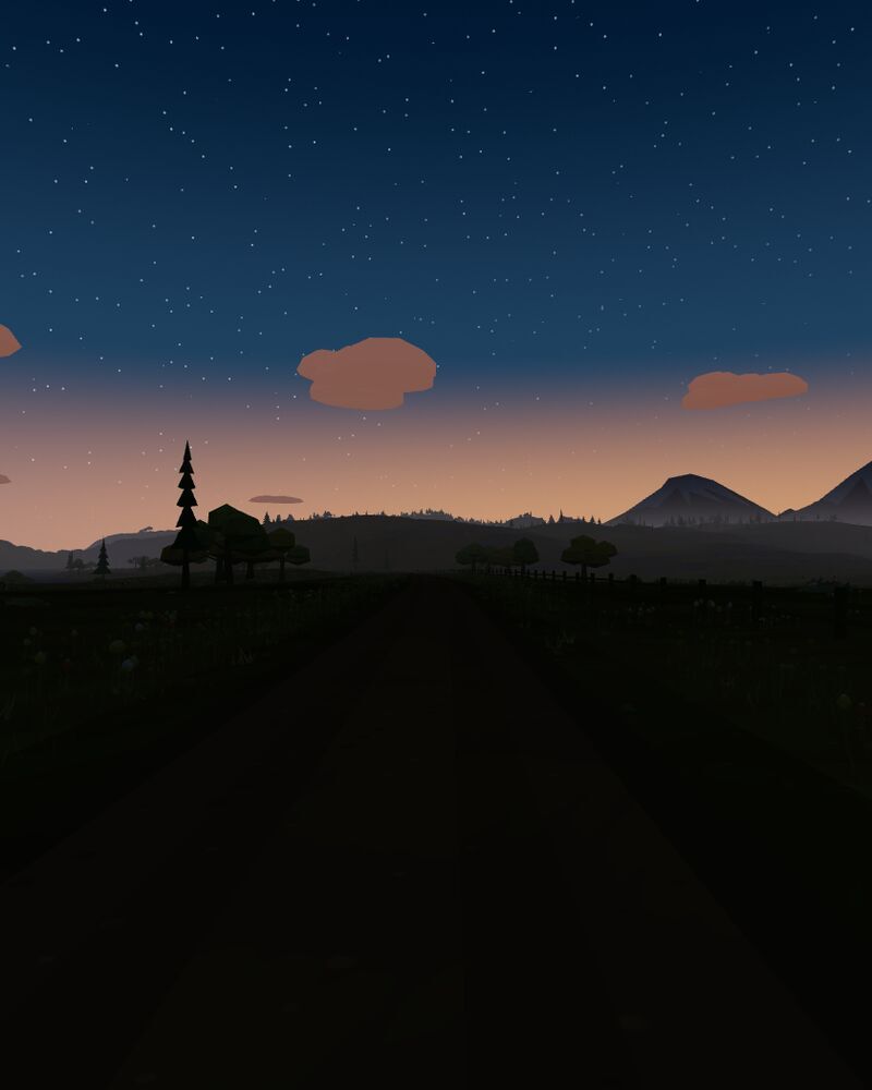 The same junction at dawn: deep blue sky pricked with stars, an orange band on the horizon, the ground still in shadow.
