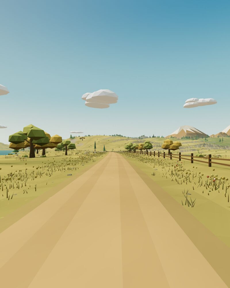 The same junction at midday: clear sky, green meadow, short shadows.