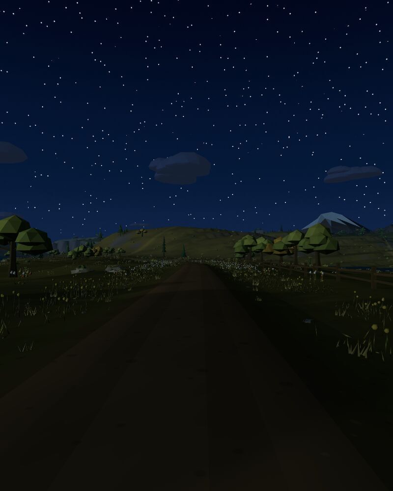 The same junction at night: a starry sky, the landscape lit by the moon.
