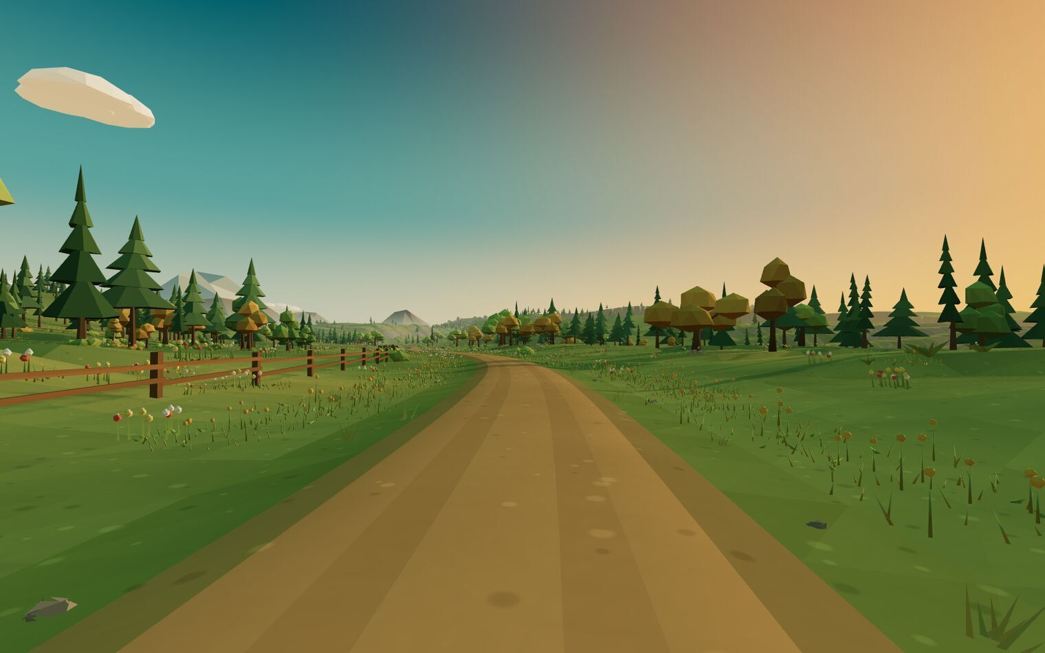 The road runs alongside a lake at sunset, conifers and broadleaf trees on both sides.