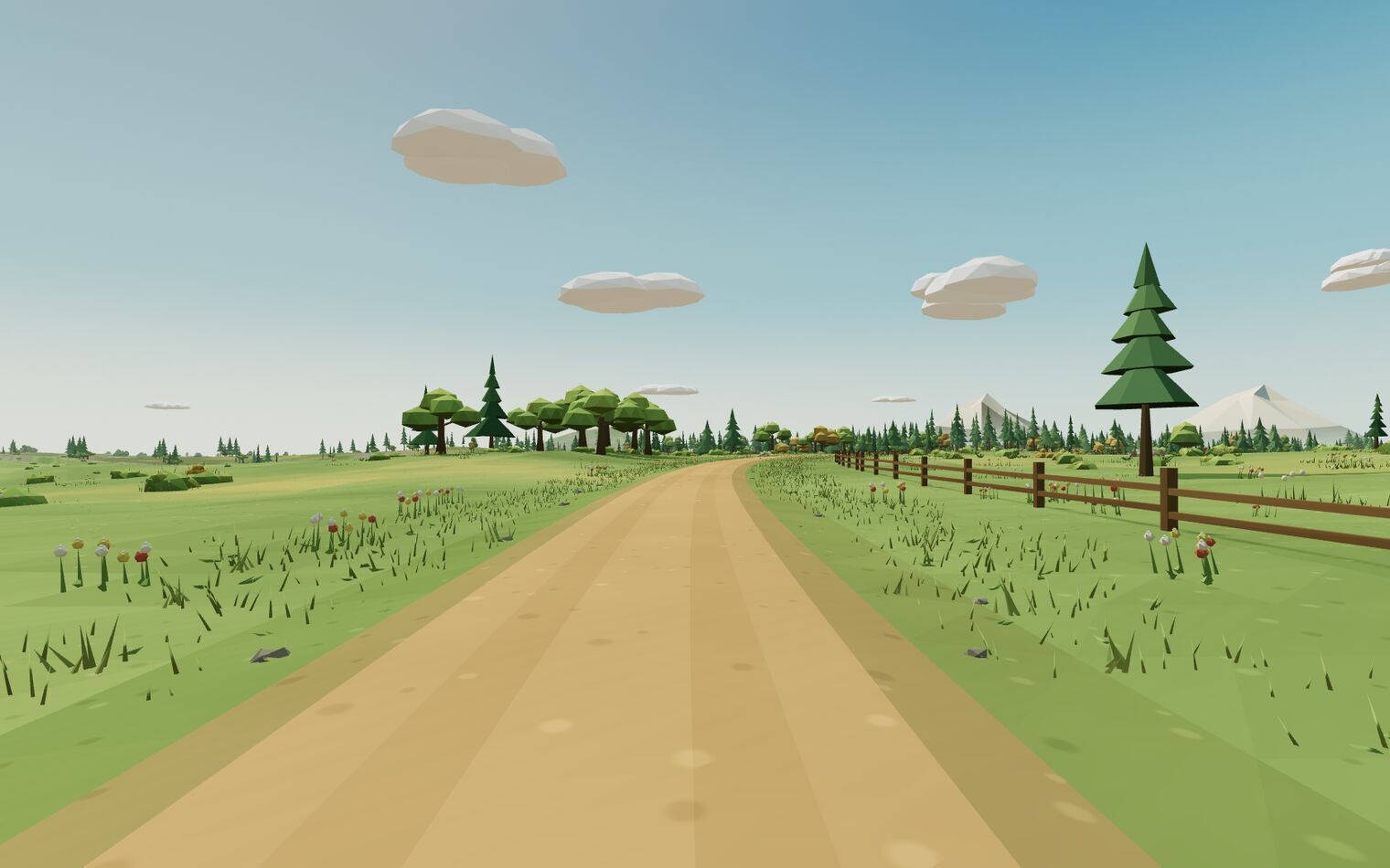 A straight road across green flatland, a wooden fence to the right, snow-capped peaks on the horizon.