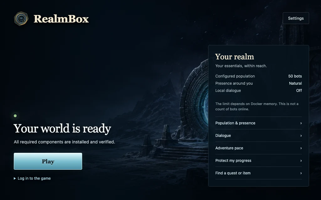 The RealmBox launcher ready to start World of Warcraft locally