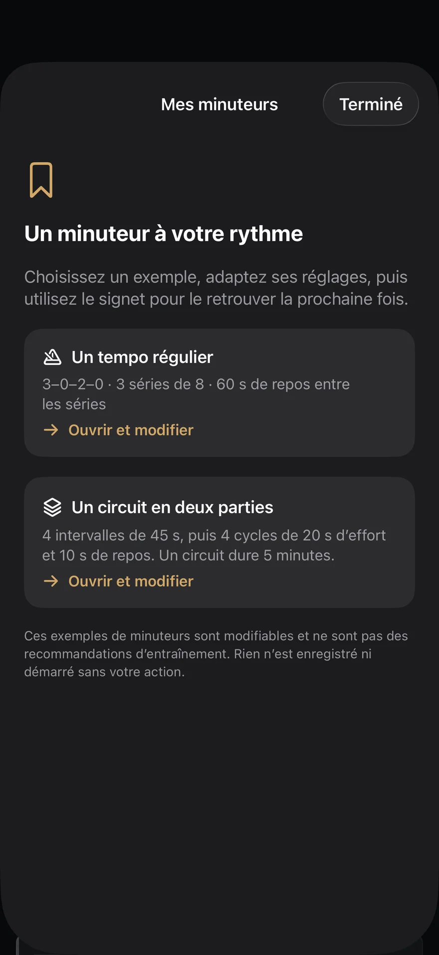 Écran réel du minuteur TempoReps en français
